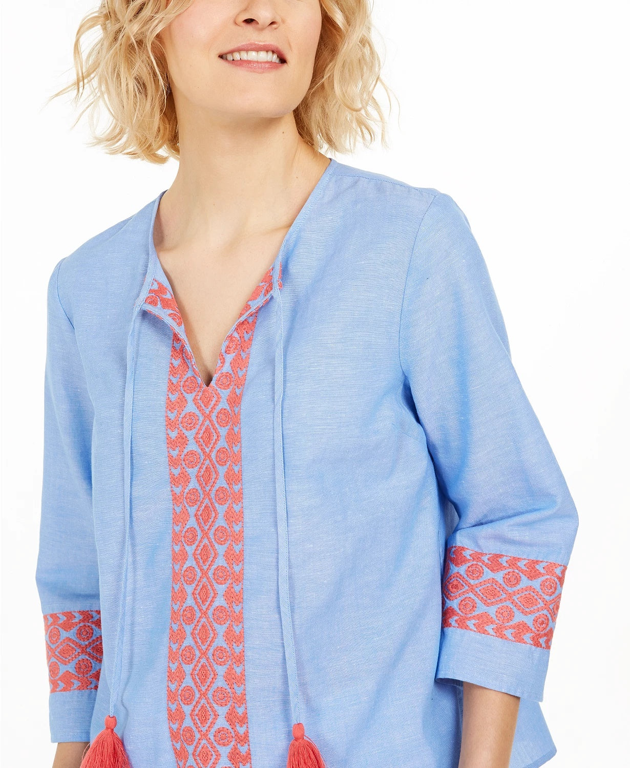 Blusa feminina bordada com borlas Charter Club, azul, tamanho pequeno