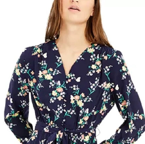 Vestido feminino com cinto e estampa floral Maison Jules, azul-marinho, tamanho médio