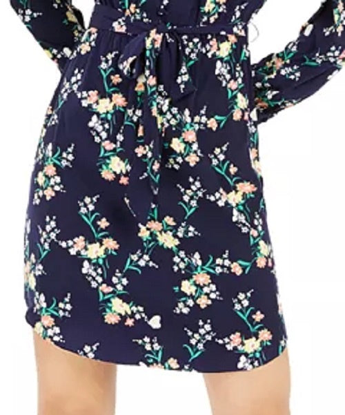 Vestido feminino com cinto e estampa floral Maison Jules, azul-marinho, tamanho médio