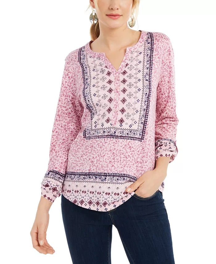 Blusa feminina estampada com mangas rolô e decote aberto, tamanho médio, rosa, da Style &amp; Co