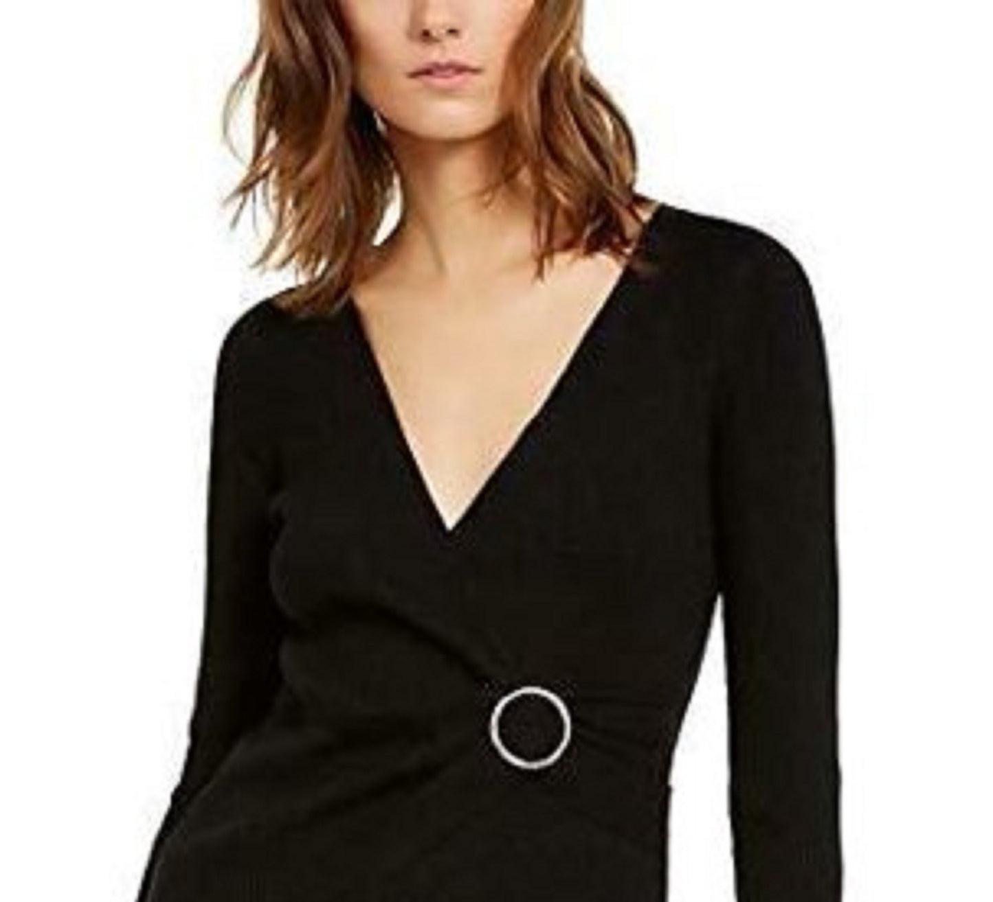 Suéter feminino de lurex com decote em V e fivela, preto, tamanho G, da INC International Concepts