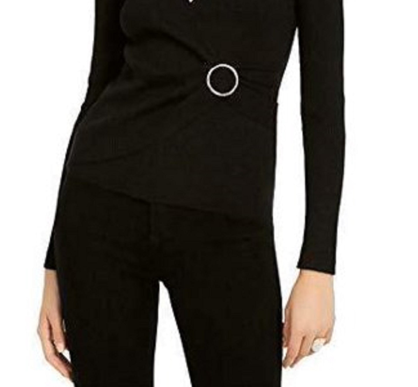 Suéter feminino de lurex com decote em V e fivela, preto, tamanho G, da INC International Concepts