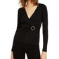 Suéter feminino de lurex com decote em V e fivela, preto, tamanho pequeno, da INC International Concepts