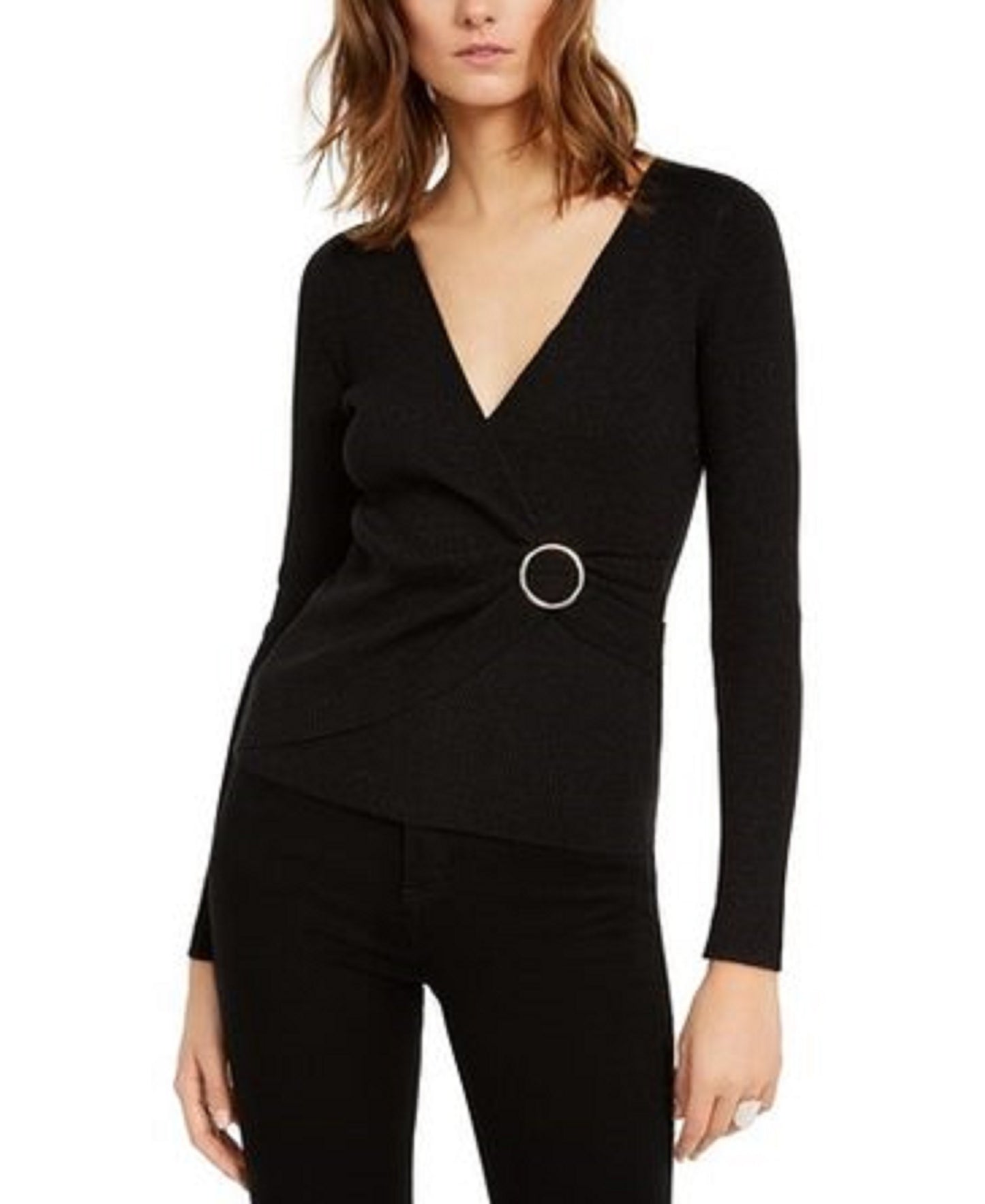 Suéter feminino de lurex com decote em V e fivela, preto, tamanho pequeno, da INC International Concepts