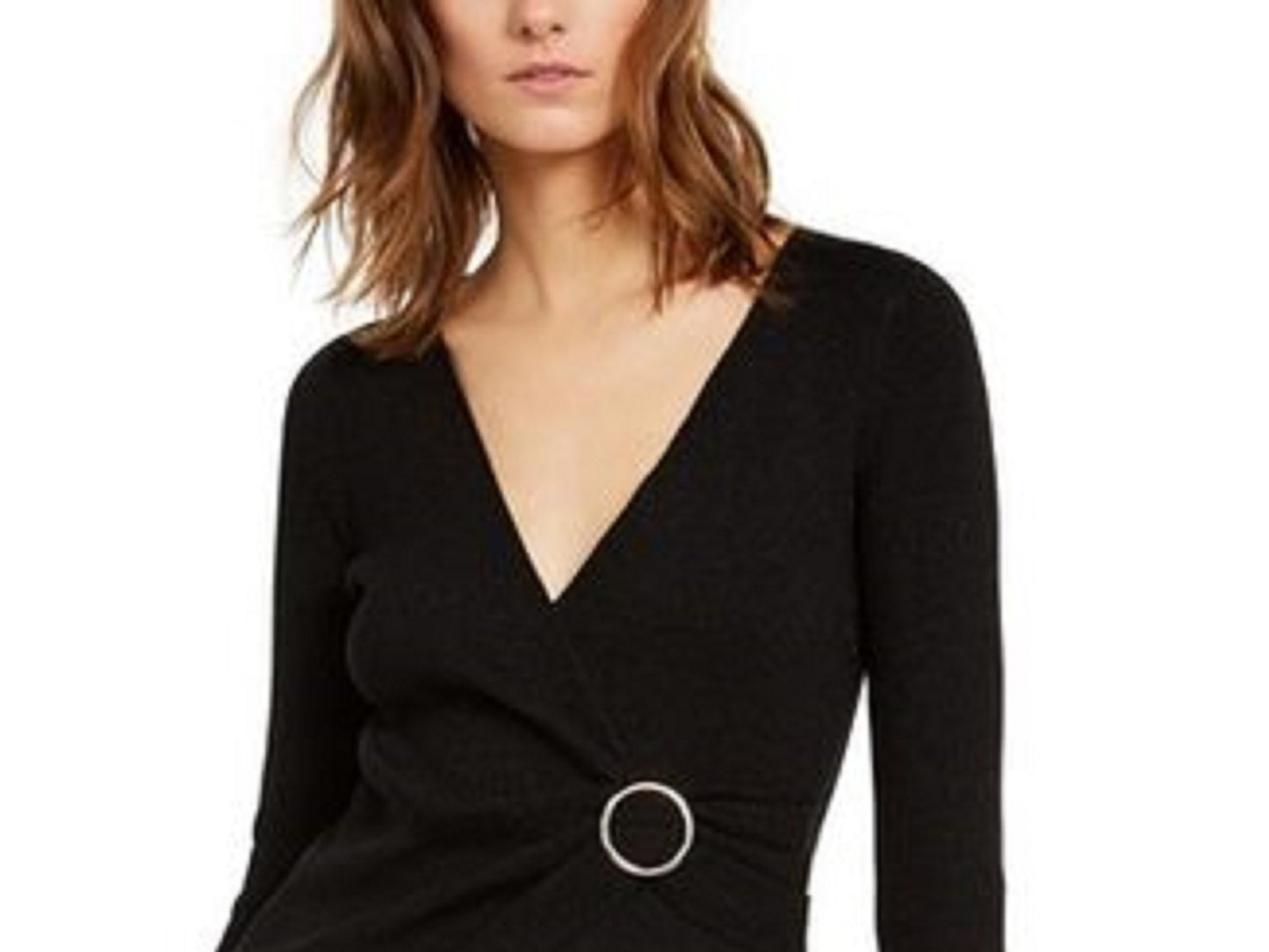 Suéter feminino de lurex com decote em V e fivela, preto, tamanho pequeno, da INC International Concepts