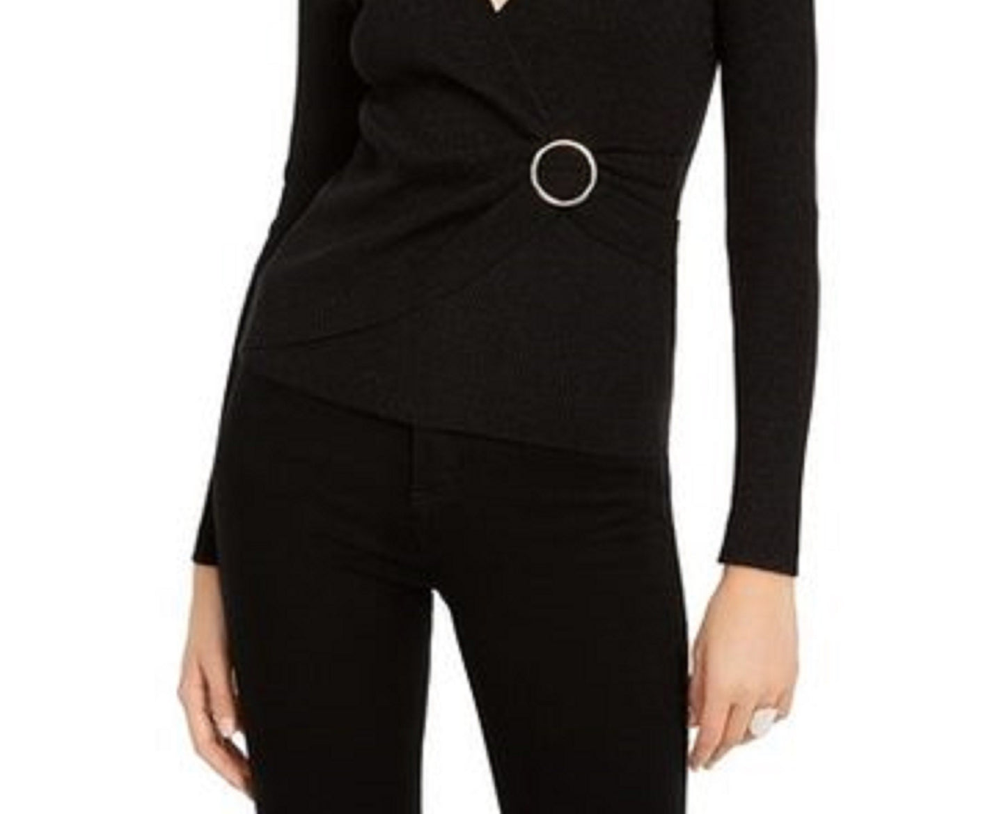 Suéter feminino de lurex com decote em V e fivela, preto, tamanho pequeno, da INC International Concepts
