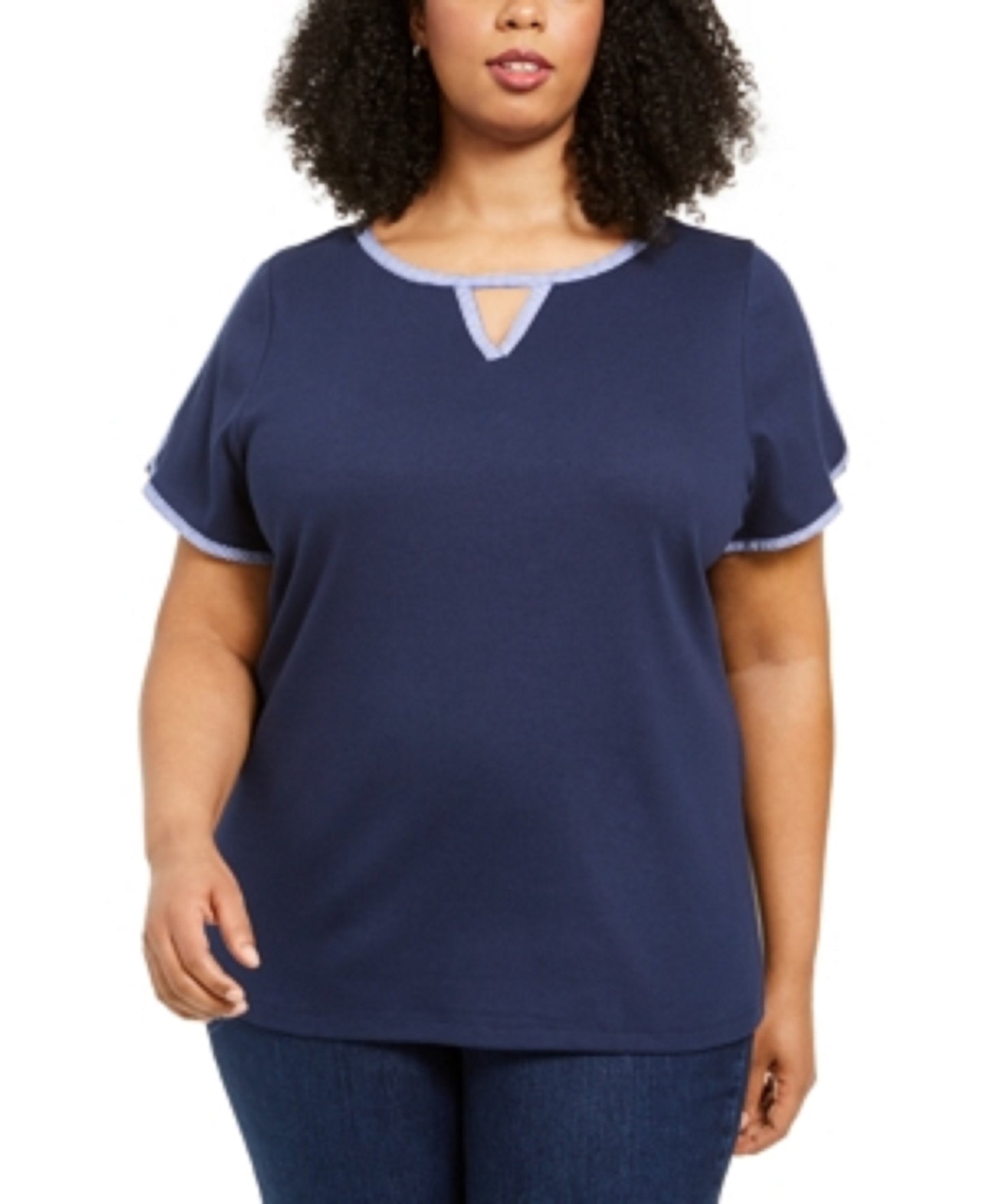 Karen Scott Blusa Feminina com Decote em V e Acabamento Contrastado, Azul Marinho, Tamanho Médio