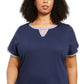 Karen Scott Blusa Feminina com Decote em V e Acabamento Contrastado, Azul Marinho, Tamanho Médio