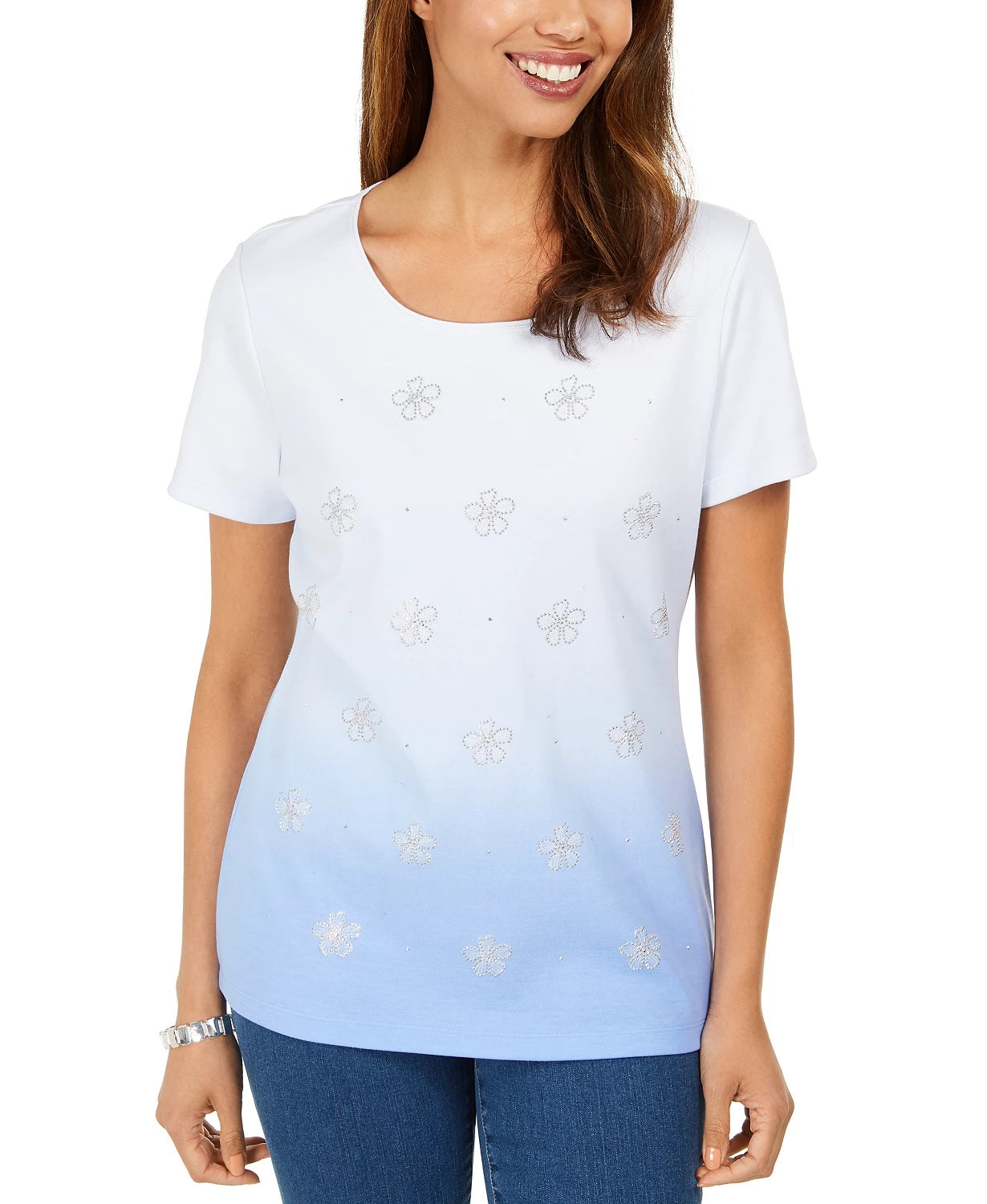 Karen Scott Blusa Feminina Daisy-Shine Gola Redonda Azul Tamanho Médio
