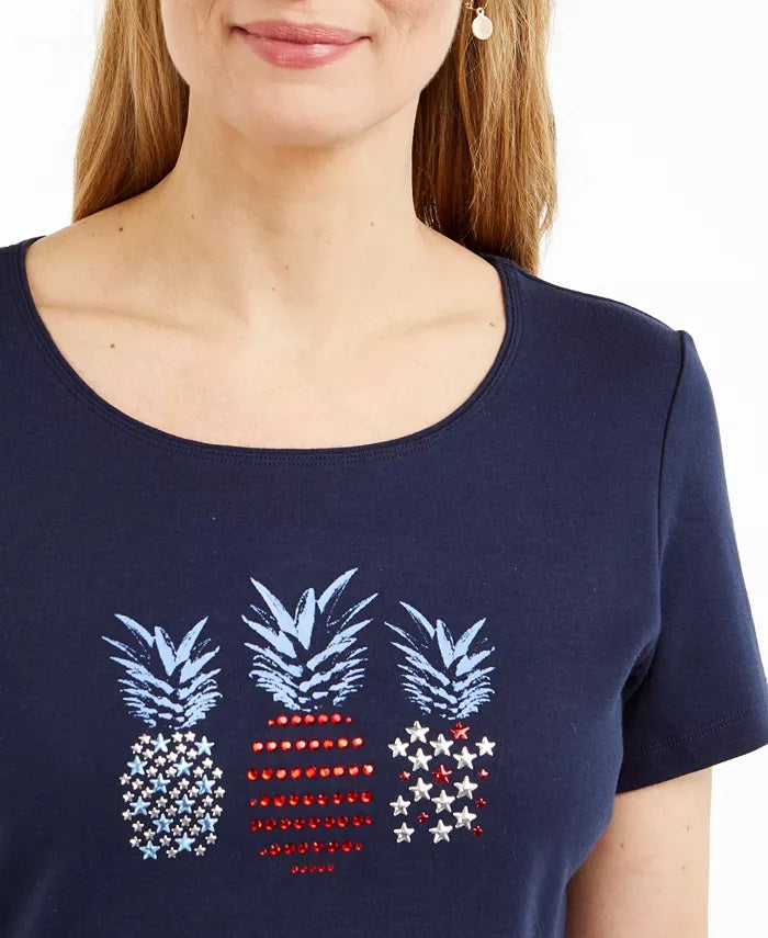 Karen Scott Top feminino de algodão com detalhes em abacaxi, azul marinho, tamanho pequeno