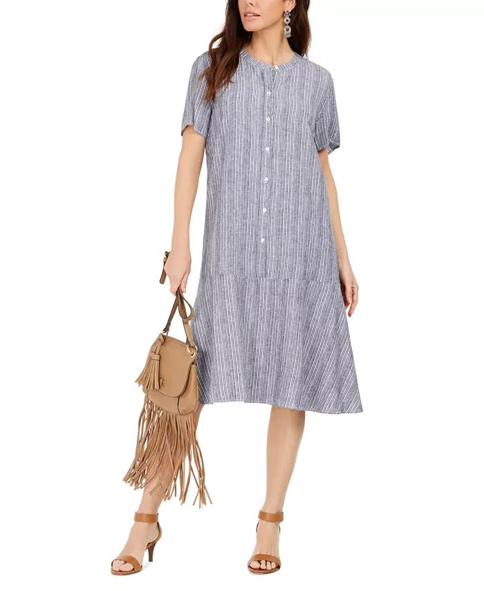 Vestido feminino estilo &amp; co, listrado, com botões na frente, em linho misto, corte A, azul médio, tamanho XXG