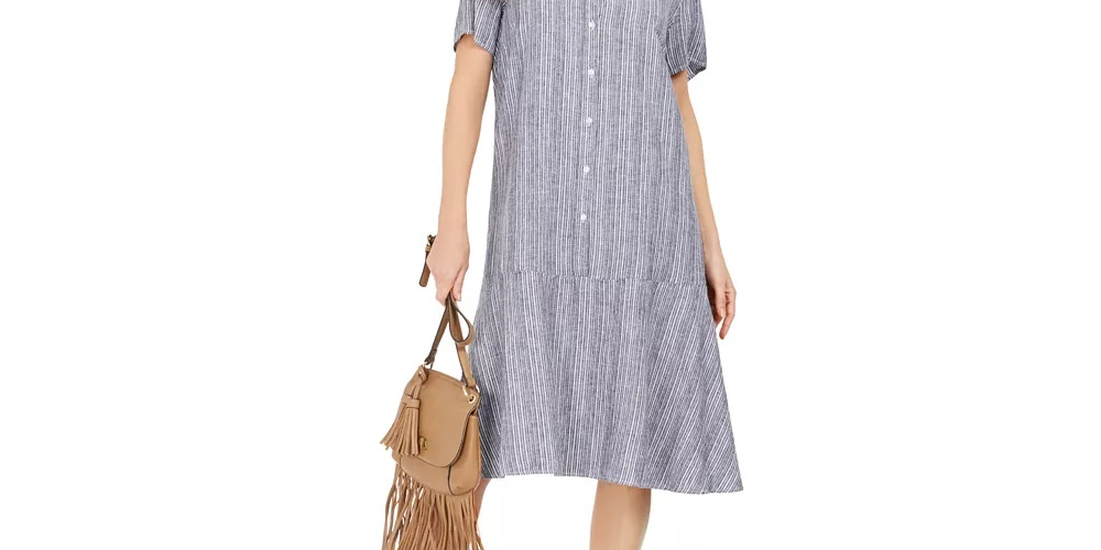Vestido feminino estilo &amp; co, listrado, com botões na frente, em linho misto, corte A, azul médio, tamanho XXG