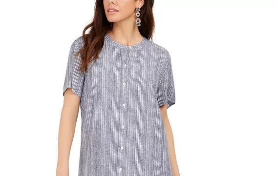Vestido feminino estilo &amp; co, listrado, com botões na frente, em linho misto, corte A, azul médio, tamanho XXG