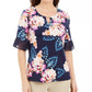 Blusa feminina com decote em V e estampa floral Liza da JM Collection, azul, tamanho X-G