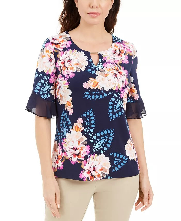 Blusa feminina com decote em V e estampa floral Liza da JM Collection, azul, tamanho X-G