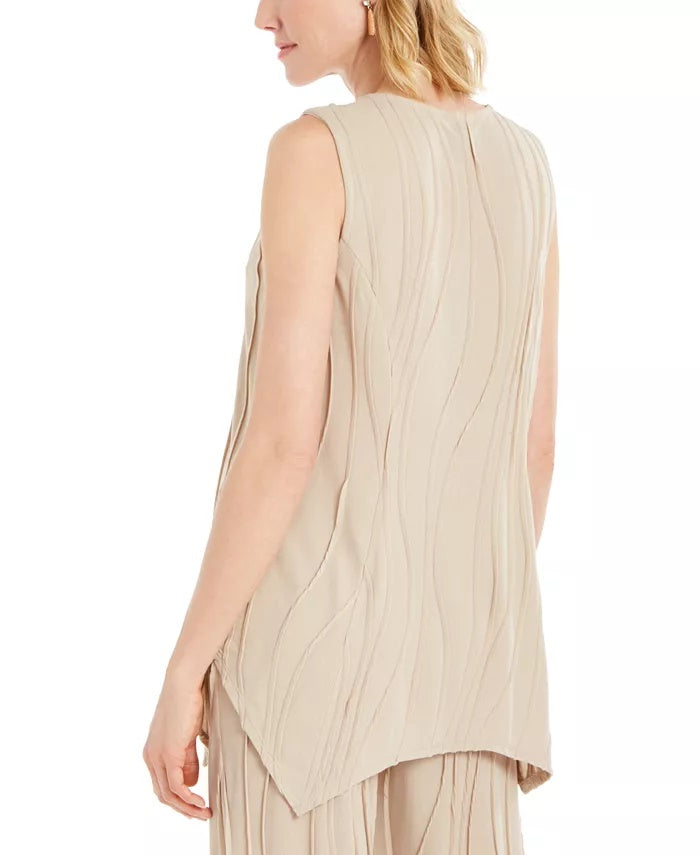 JM Collection Blusa feminina sem mangas com textura e colar bege cáqui tamanho pequeno