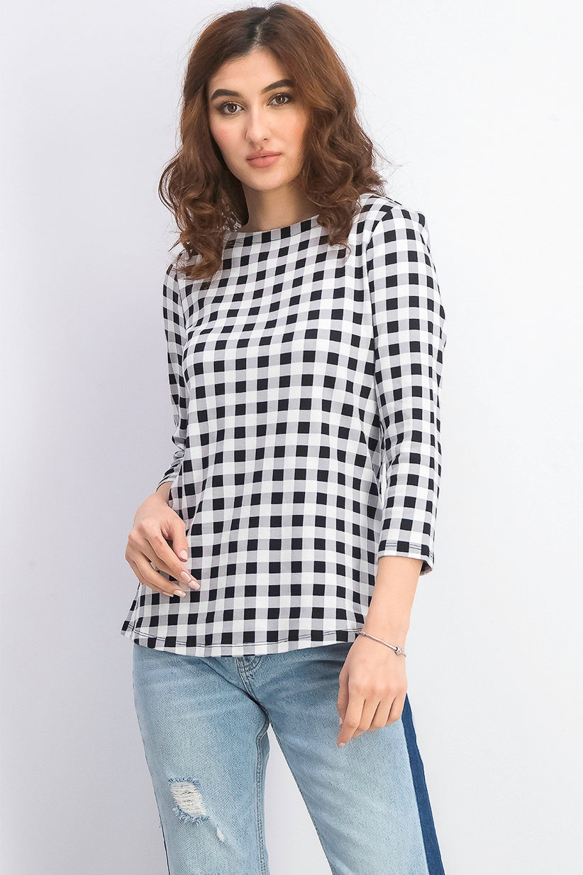 Charter Club Blusa feminina de algodão com estampa xadrez e gola canoa, preta, tamanho pequeno