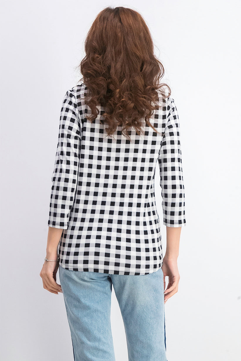 Charter Club Blusa feminina de algodão com estampa xadrez e gola canoa, preta, tamanho pequeno