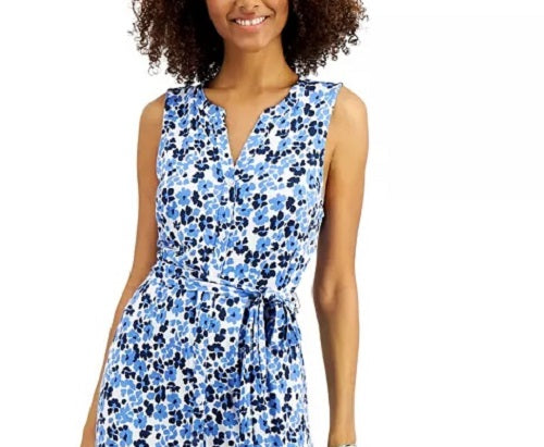 Vestido longo feminino Charter Club com amarração na cintura, azul, tamanho extragrande