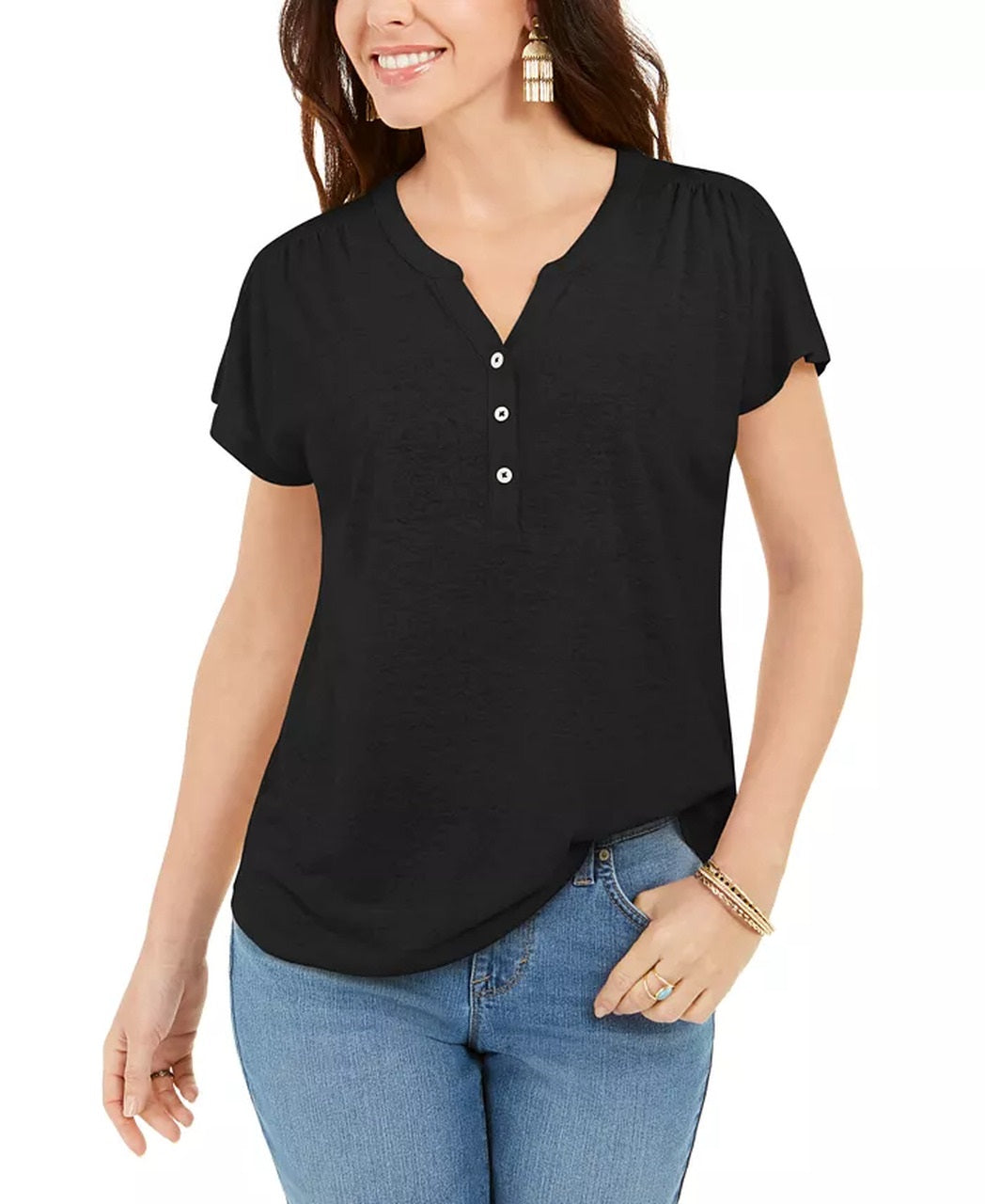 Blusa Henley de linho misto com manga dolman feminina Style &amp; Co, preta, tamanho pequeno