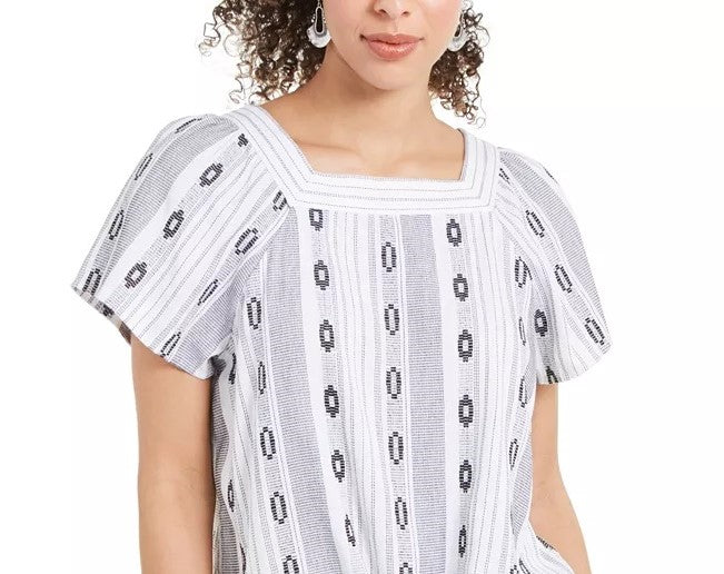 Top feminino estampado com decote quadrado e amarração frontal, tamanho grande, azul-marinho, estilo Style &amp; Co