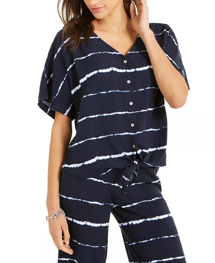 Blusa feminina listrada com tie-dye e amarração frontal, tamanho pequeno, azul-marinho, estilo &amp; co