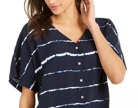 Blusa feminina listrada com tie-dye e amarração frontal, tamanho pequeno, azul-marinho, estilo &amp; co