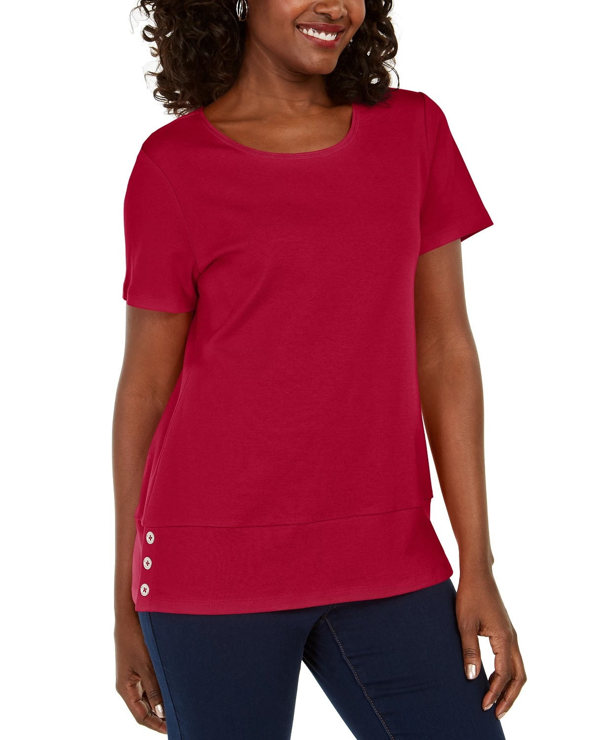 Karen Scott Blusa feminina de algodão com decote redondo e bainha abotoada, tamanho médio, vermelho brilhante