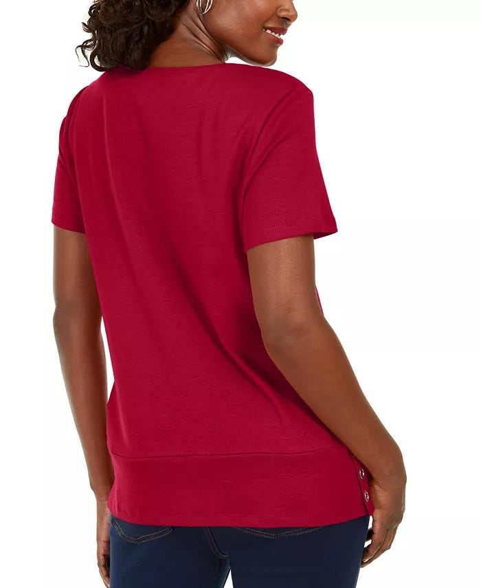 Karen Scott Blusa feminina de algodão com decote redondo e bainha abotoada, tamanho médio, vermelho brilhante