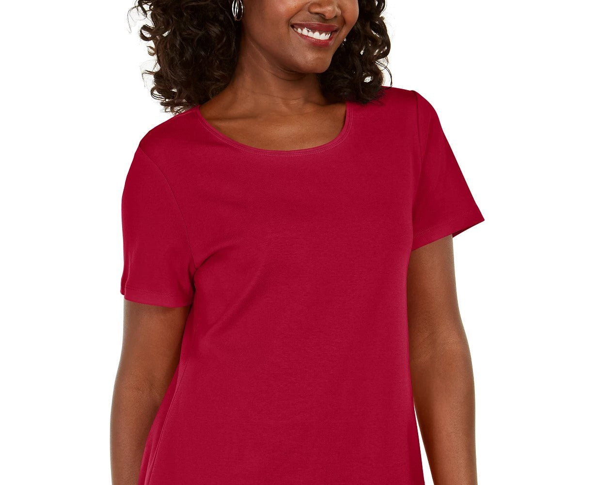 Karen Scott Blusa feminina de algodão com decote redondo e bainha abotoada, tamanho médio, vermelho brilhante