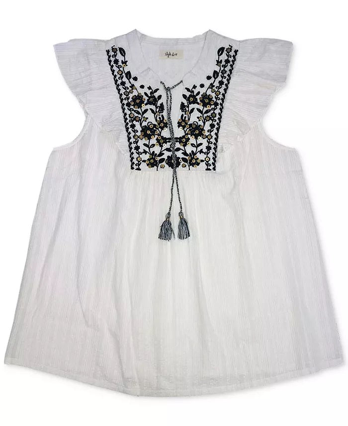 Blusa feminina de algodão bordado com babados e mangas compridas, tamanho natural, grande, da Style &amp; Co