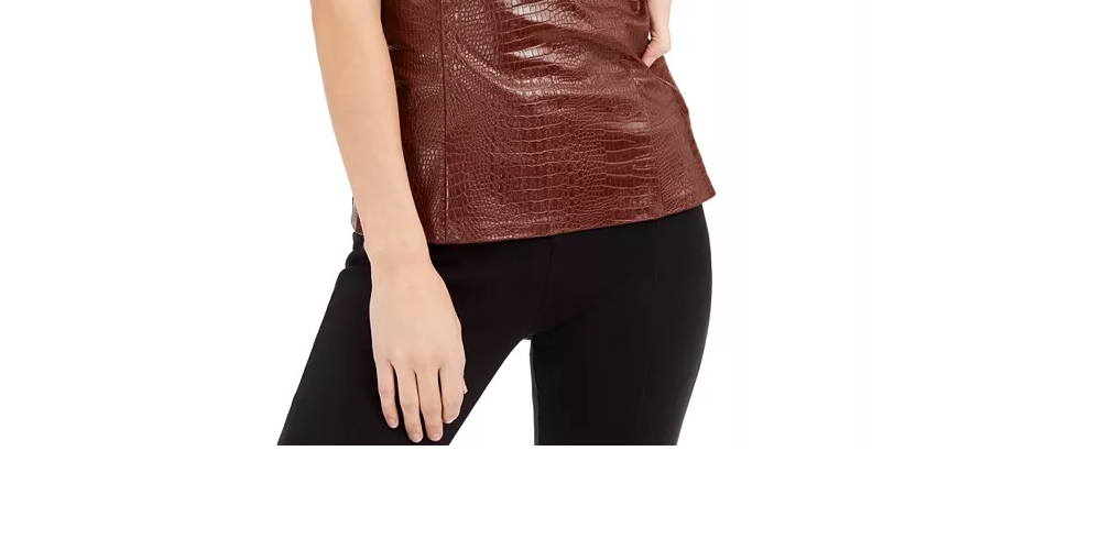 INC International Concepts Top feminino de couro sintético com relevo de crocodilo, marrom, tamanho pequeno