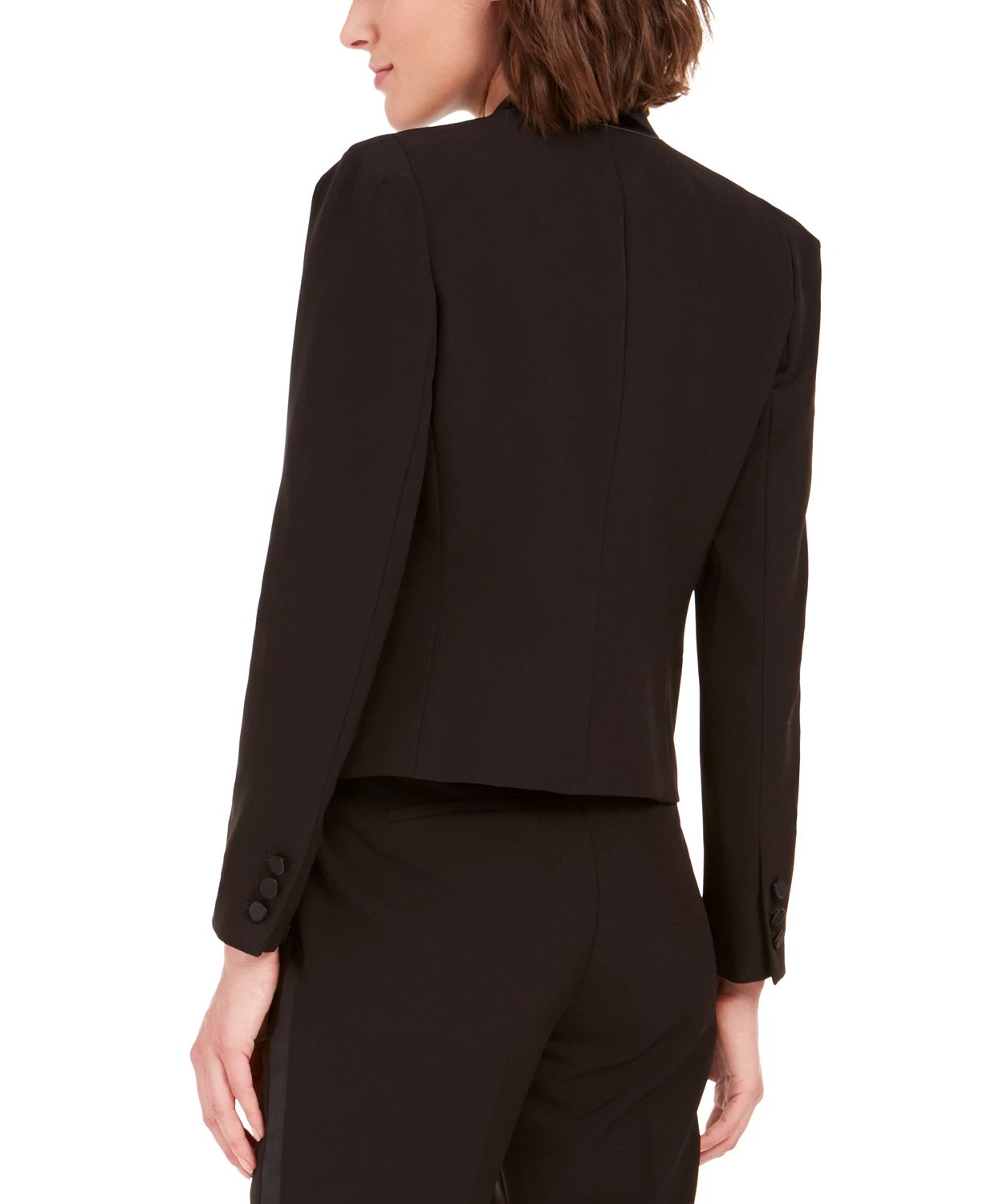 Blazer feminino Bar III, smoking, acabamento em cetim, frente aberta, abotoamento duplo, preto, tamanho 12