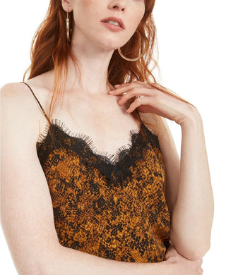 Top feminino Bar III com estampa de cobra e acabamento em renda, amarelo, tamanho médio