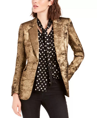 Blazer metálico feminino Bar III com um botão, dourado, tamanho 12