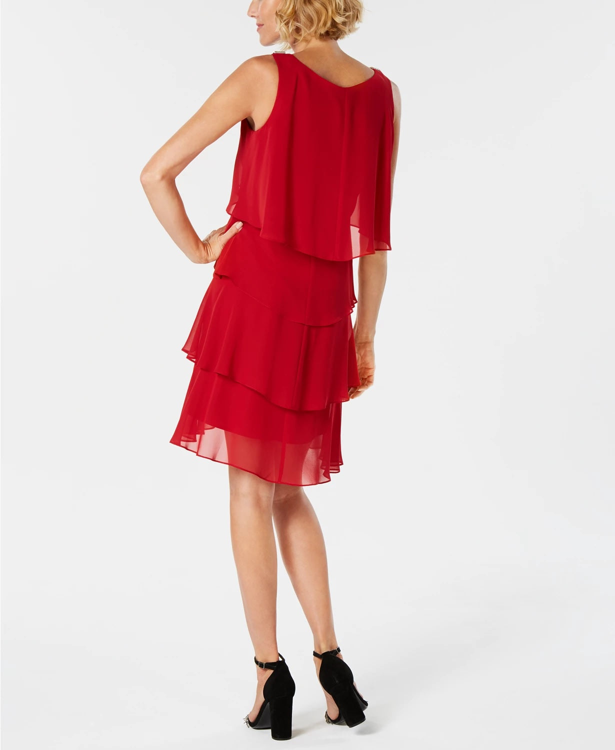 Vestido de chiffon em camadas feminino SL Fashions, vermelho, tamanho 8