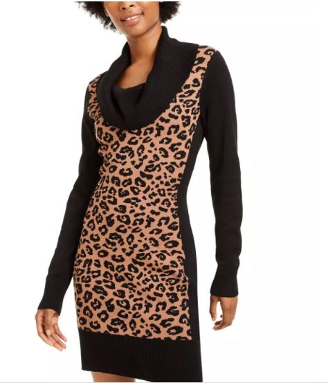 Vestido suéter com gola alta e estampa animal BCX Junior, bege, tamanho X-S