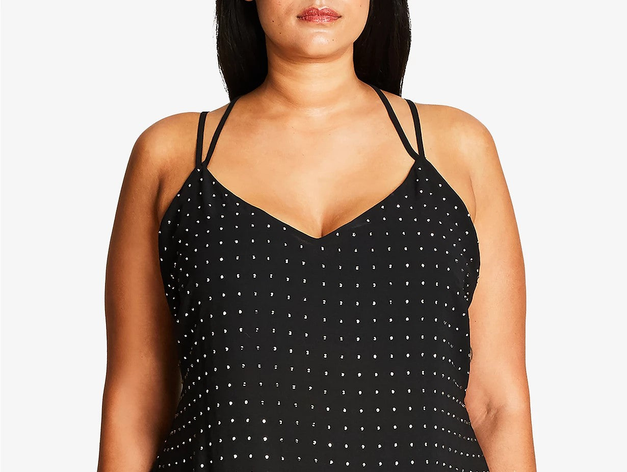 City Chic Top Feminino Plus Size Trendy com Tiras Metálicas e Tachas Preto Tamanho 20W