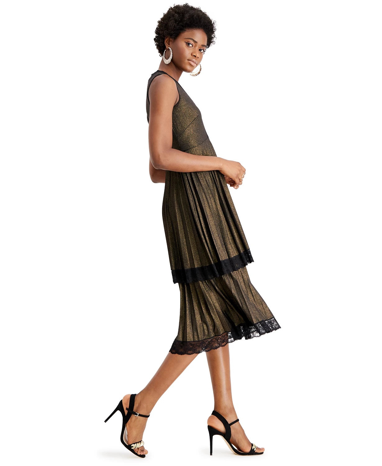 Vestidos femininos Taylor, plissados, duas camadas, preto metálico, tamanho 4