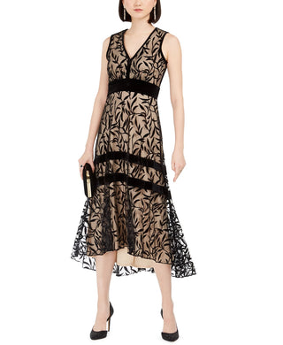 Vestido longo Taylor feminino com decote em V e veludo flocado, preto, tamanho 8