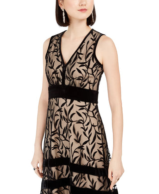 Vestido longo Taylor feminino com decote em V e veludo flocado, preto, tamanho 8