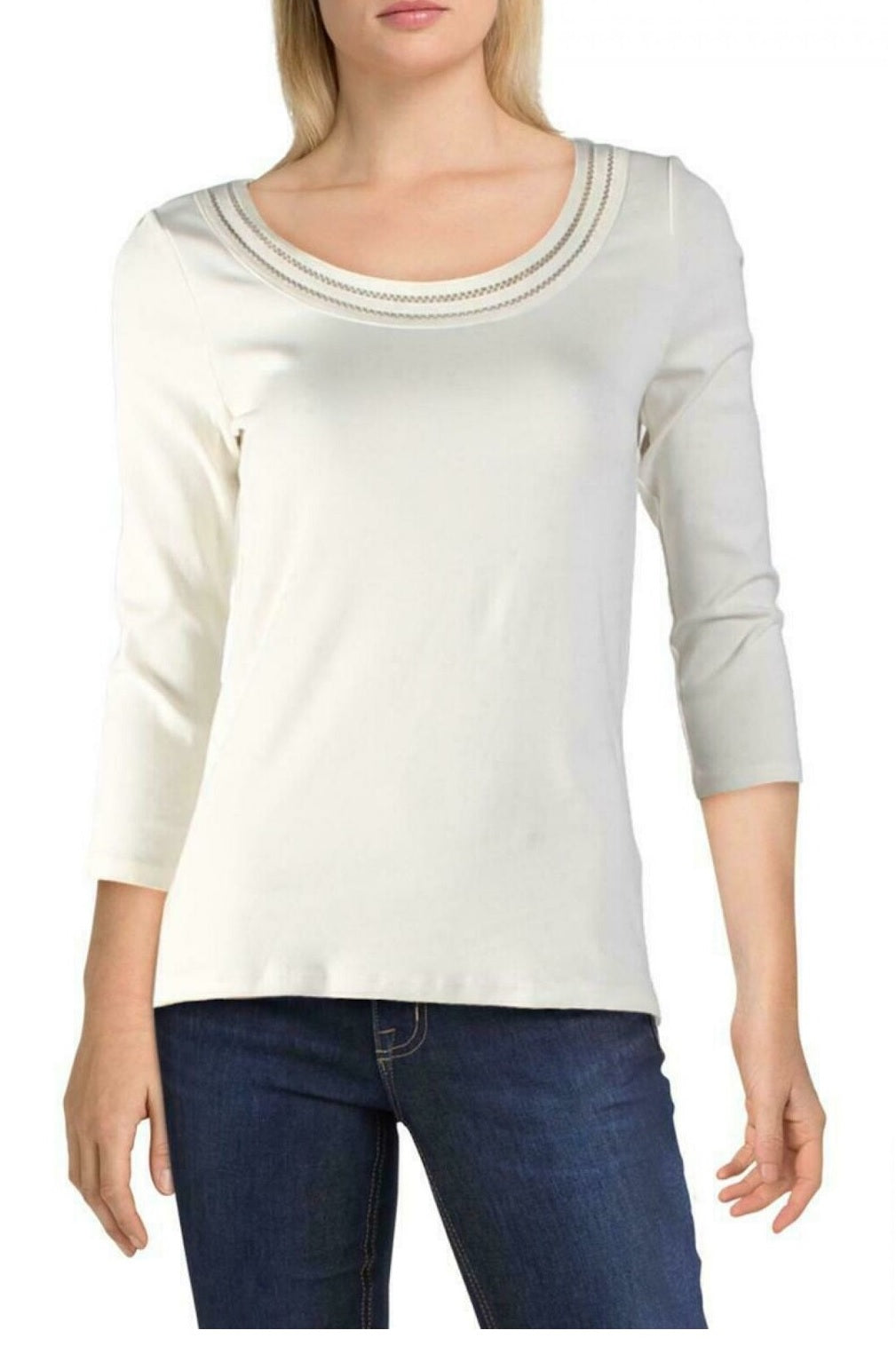 Ralph Lauren Blusa feminina com decote redondo e manga 3/4 marfim, tamanho natural grande