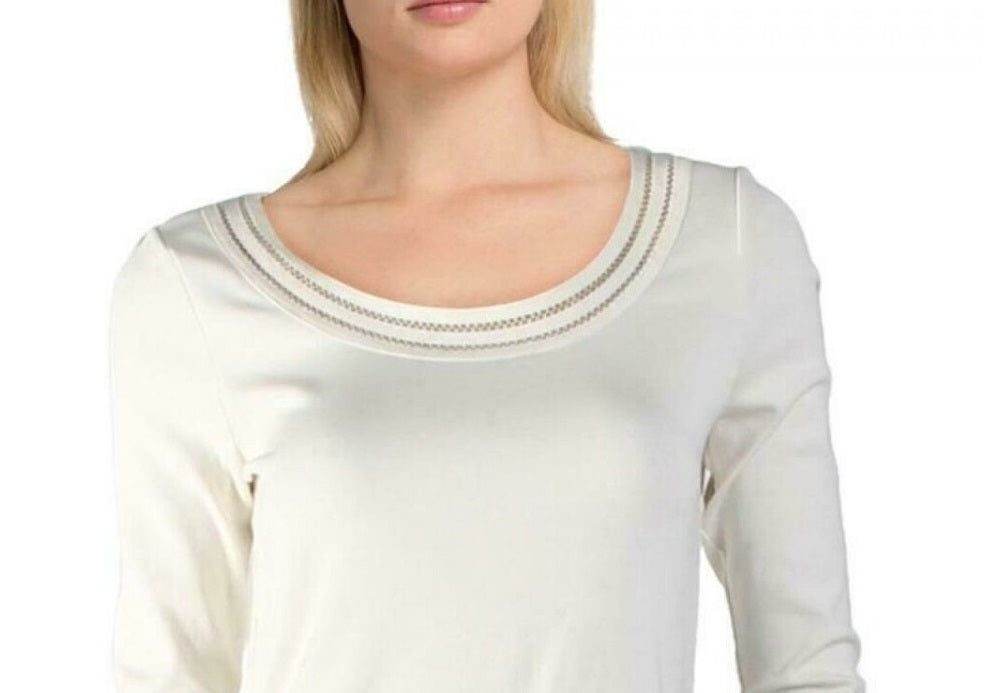 Ralph Lauren Blusa feminina com decote redondo e manga 3/4 marfim, tamanho natural grande