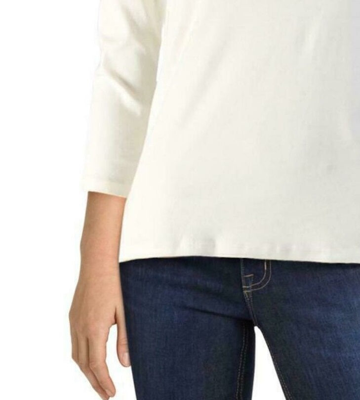 Ralph Lauren Blusa feminina com decote redondo e manga 3/4 marfim, tamanho natural grande
