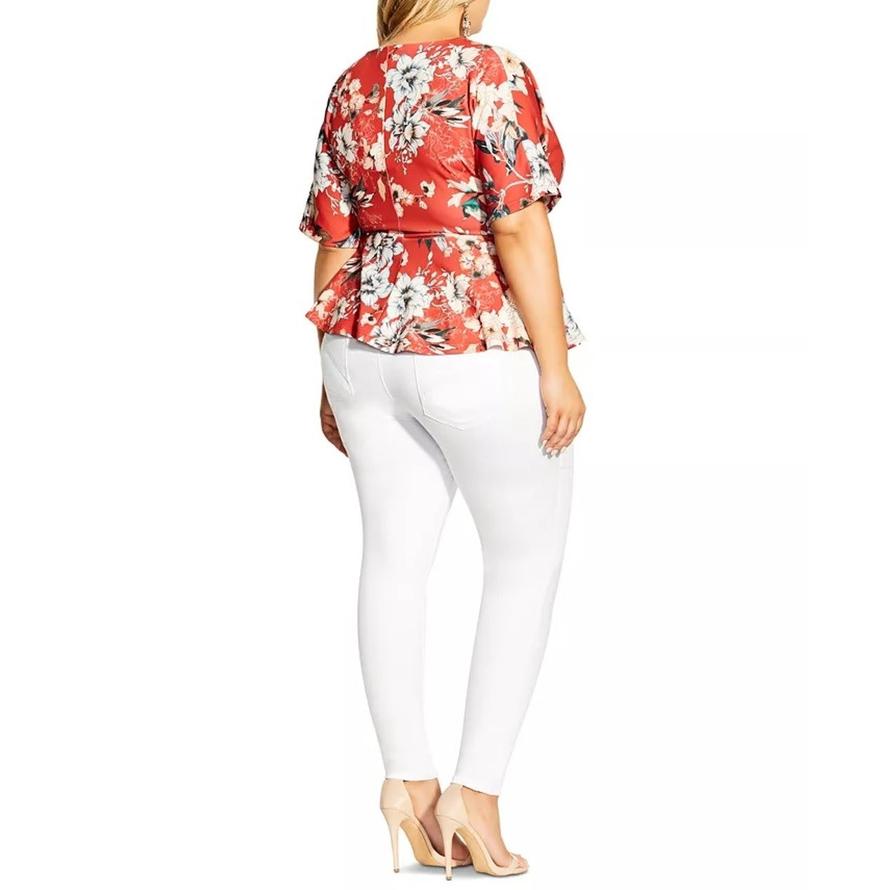 Top estampado plus size da City Chic feminino, laranja escuro, tamanho 20W, com frente torcida