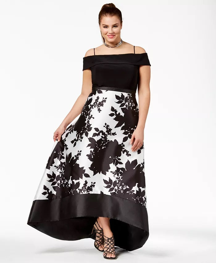 Vestido de festa feminino plus size Morgan &amp; Company, ombro de fora, bainha alta e baixa, preto, tamanho 22W