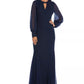 Vestido de noite feminino de manga comprida com decote em V azul-marinho