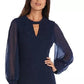 Vestido de noite feminino de manga comprida com decote em V azul-marinho
