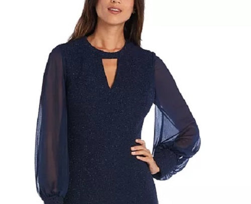 Vestido de noite feminino de manga comprida com decote em V azul-marinho