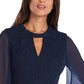 Vestido de noite feminino de manga comprida com decote em V azul-marinho